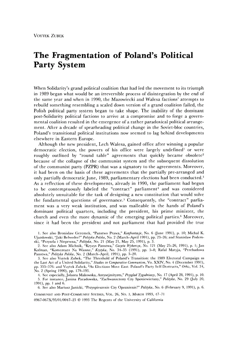 First page of The Fragmentation of Poland's Political Party System