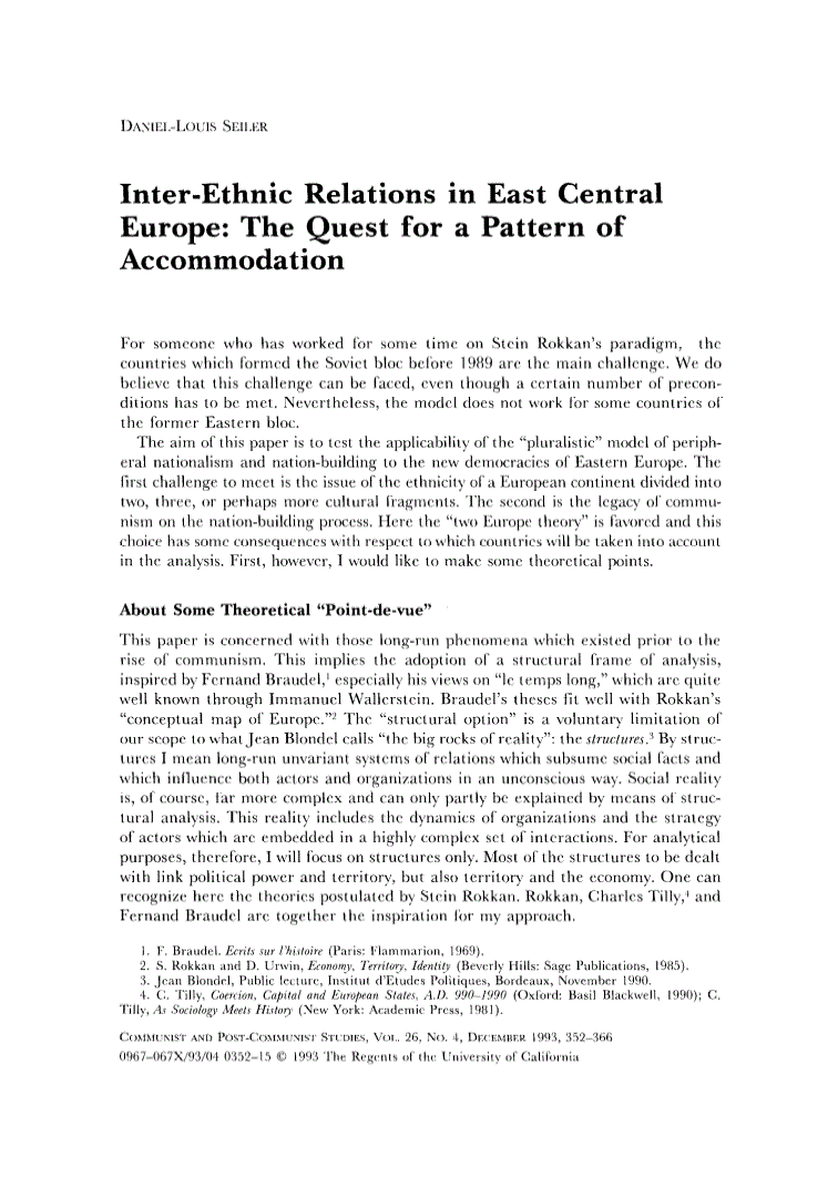 First page of Inter-Ethnic Relations in East Central Europe: The Quest for a Pattern of Accommodation