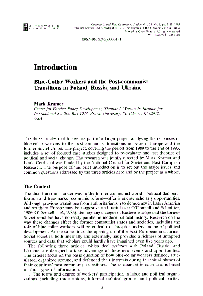 First page of Introduction: Blue-Collar Workers and the Post-communist Transitions in Poland, Russia, and Ukraine
