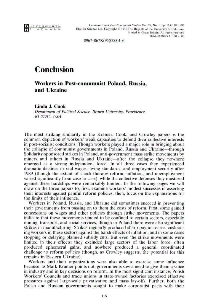 First page of Conclusion: Workers in Post-communist Poland, Russia, and Ukraine