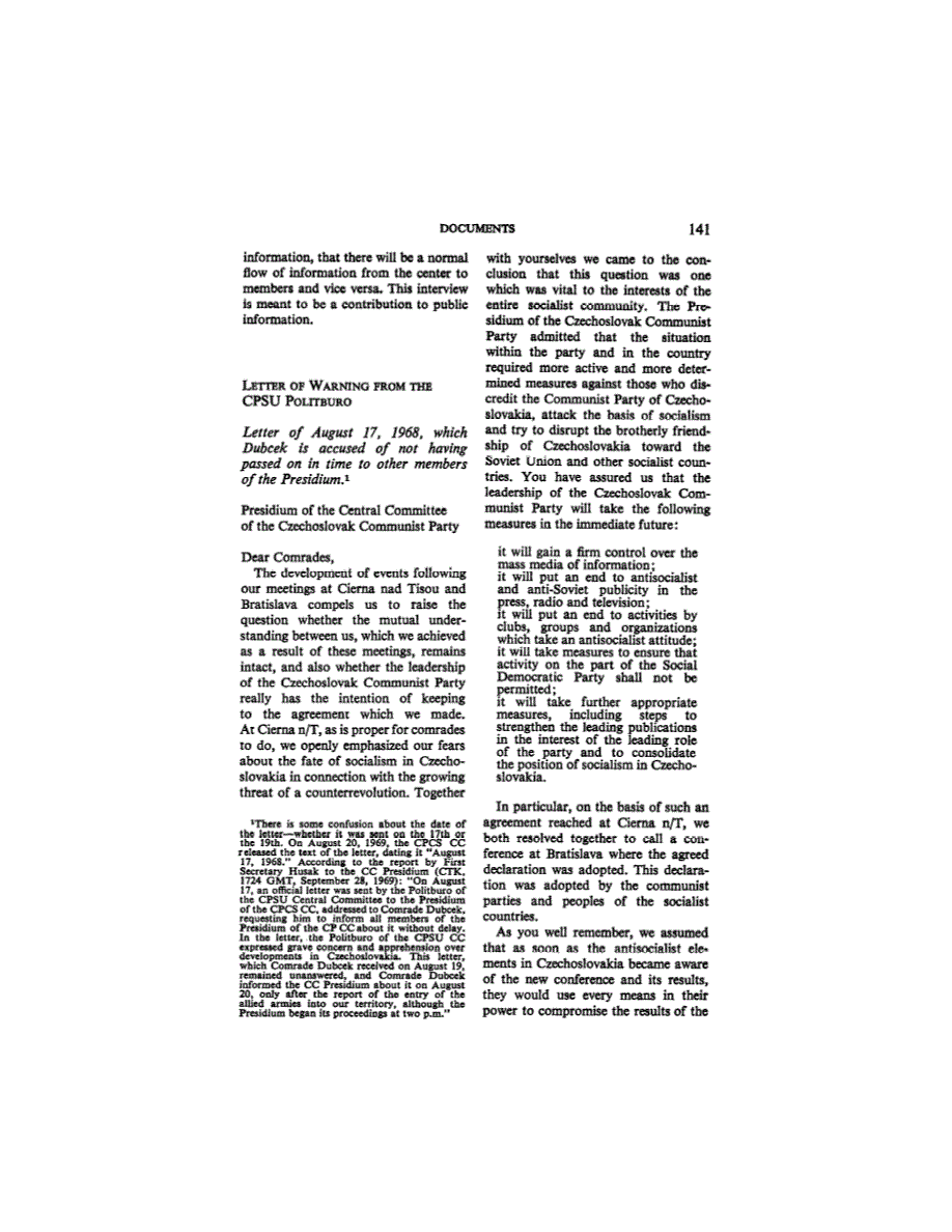 First page of Document: Letter of Warning from the CPSU Politburo