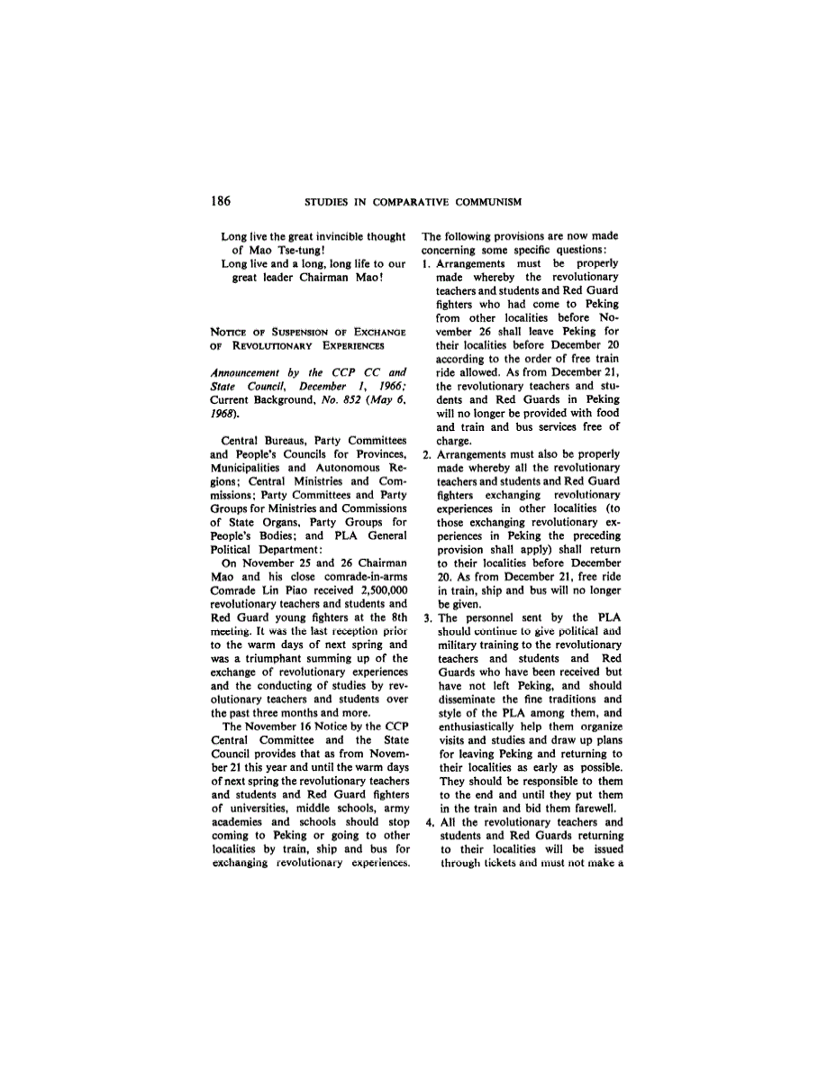 First page of Documents: Education in communist China: Notice of suspension of exchange of revolutionary experiences<subtitle>Announcement by the CCP CC and State Council, December 1, 1966; Current Background, No. 852 (May 6, 1968)</subtitle>