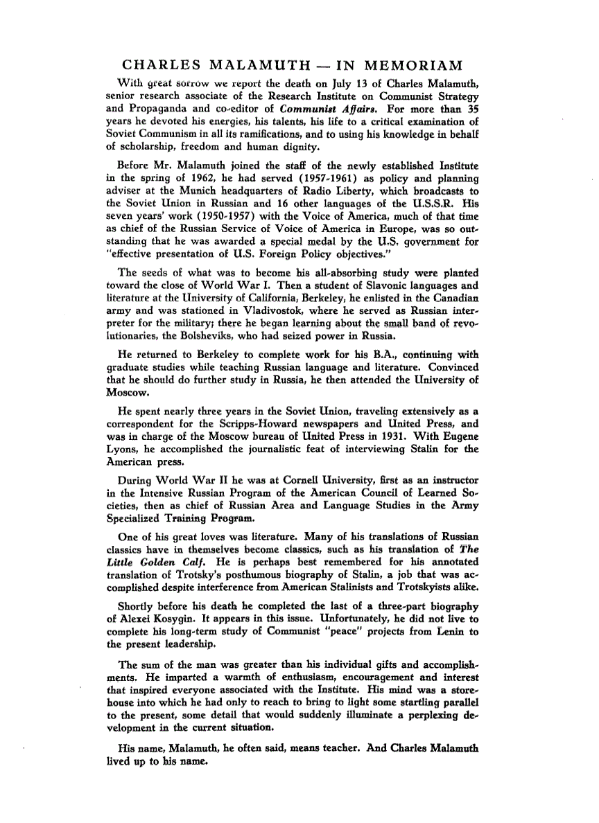 First page of Charles Malamuth — In Memoriam