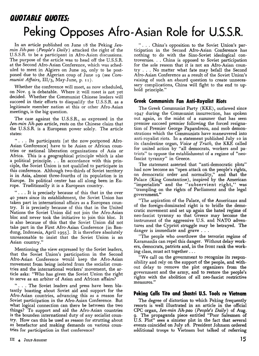 First page of Quotable Quotes: Peking Opposes Afro-Asian Role for U.S.S.R.