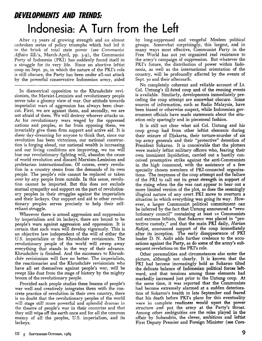 First page of Developments and Trends: Indonesia: A Turn from the Left