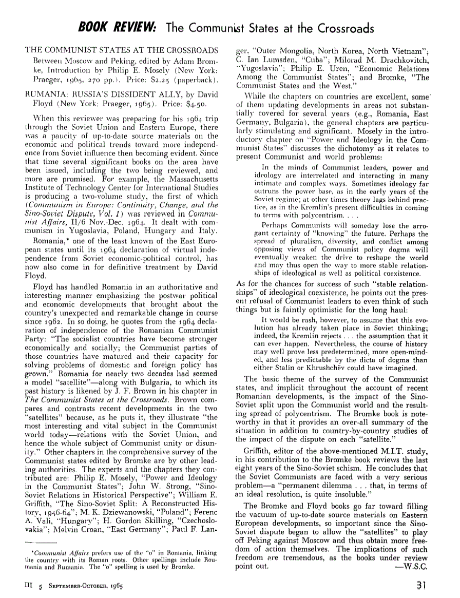 First page of Review: The Communist States at the Crossroads, edited by Adam Bromke