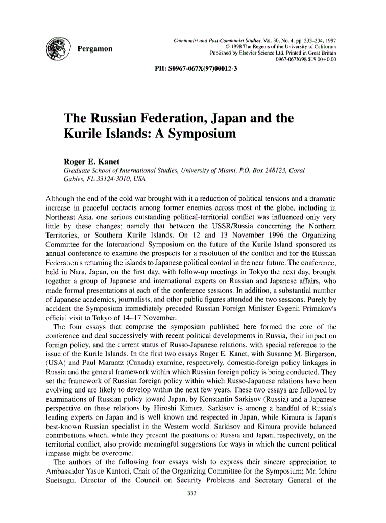 First page of The Russian Federation, Japan and the Kurile Islands: A Symposium