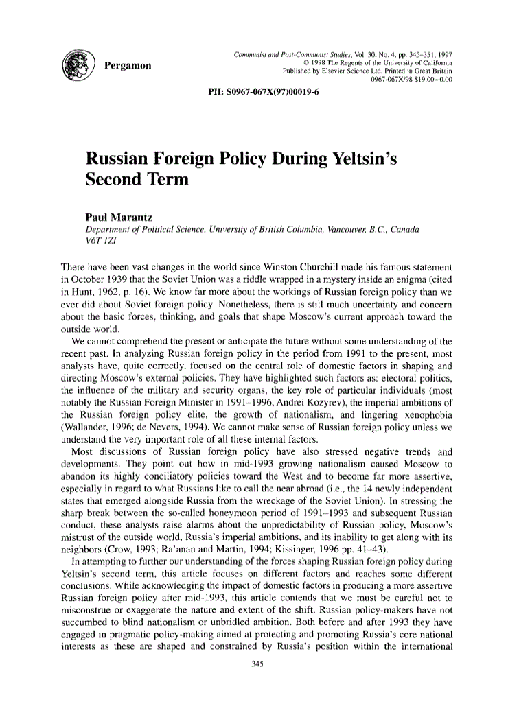 First page of Russian Foreign Policy During Yeltsin's Second Term