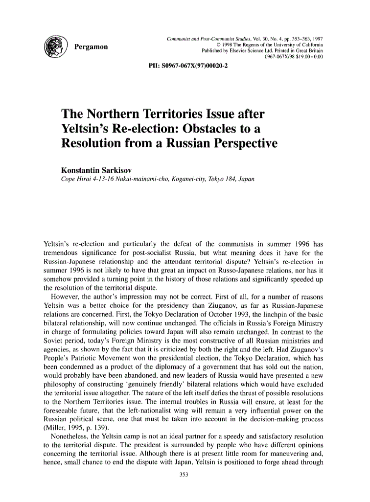 First page of The Northern Territories Issue after Yeltsin's Re-election: Obstacles to a Resolution from a Russian Perspective