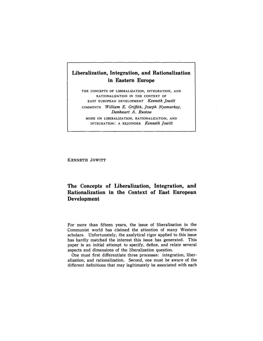 First page of The Concepts of Liberalization, Integration, and Rationalization in the Context of East European Development