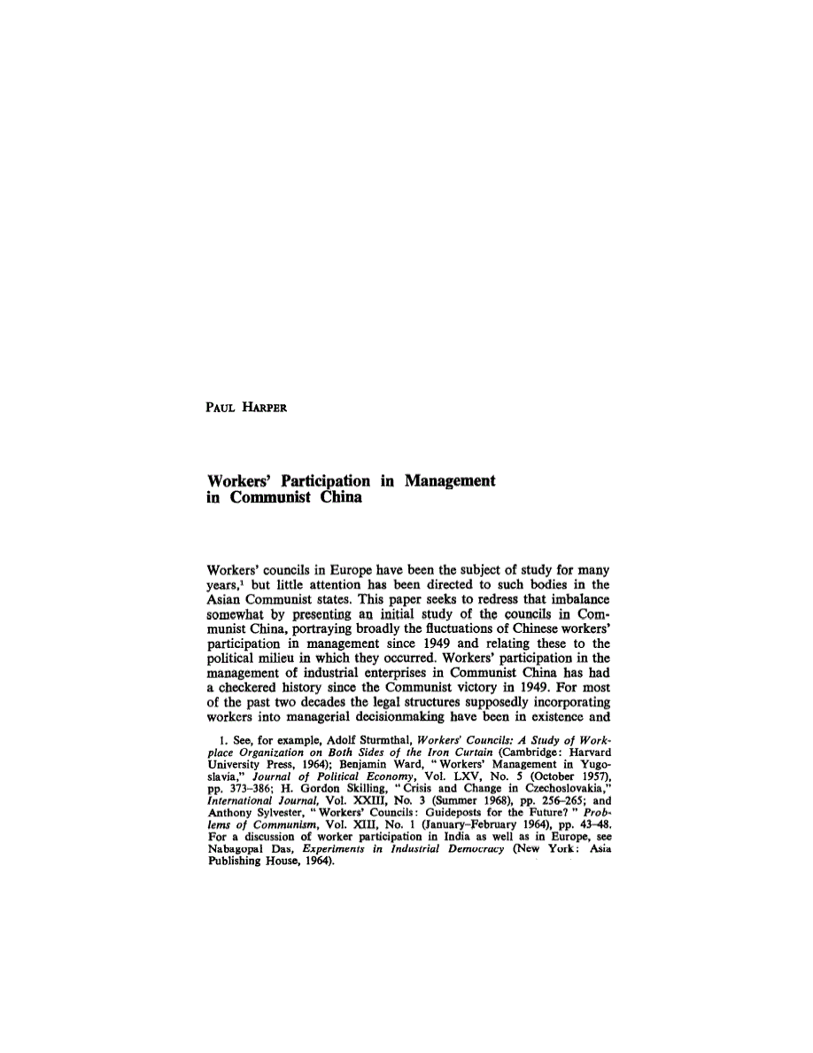 First page of Workers' Participation in Management in Communist China
