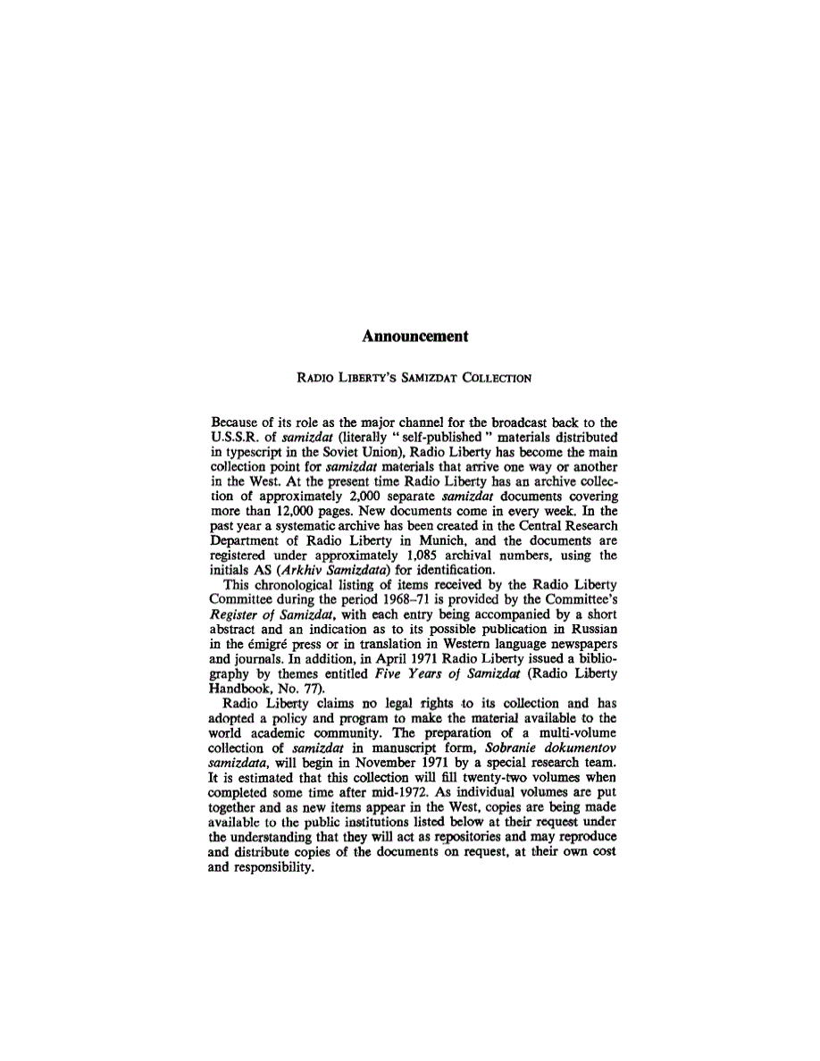 First page of Radio Liberty's Samizdat Collection