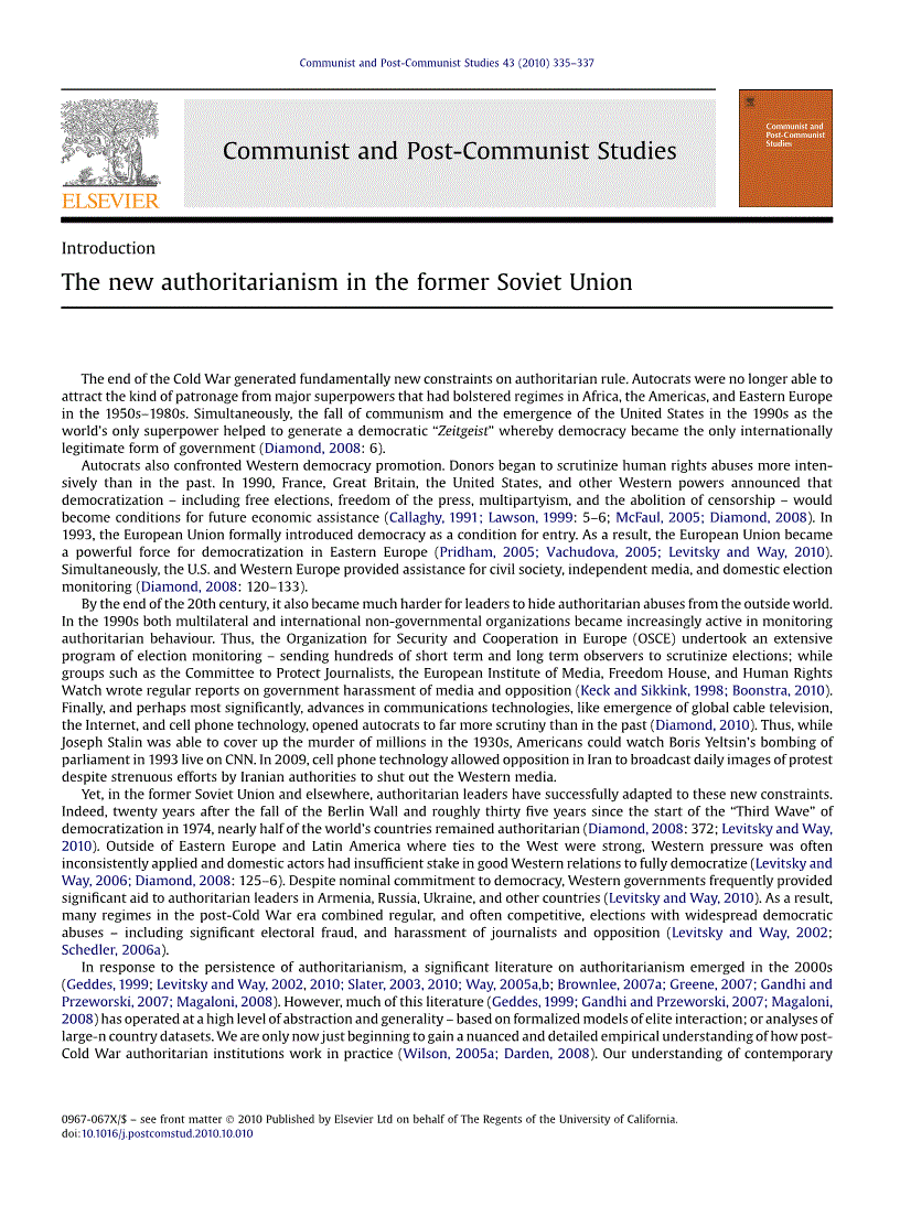 First page of The new authoritarianism in the former Soviet Union