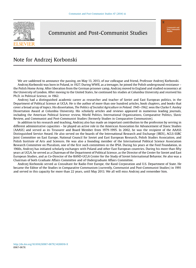 First page of Note for Andrzej Korbonski