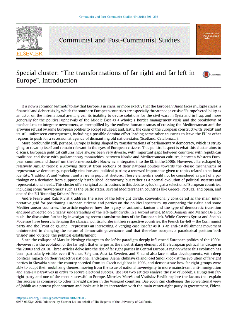 First page of Special cluster: “The transformations of far right and far left in Europe”. Introduction