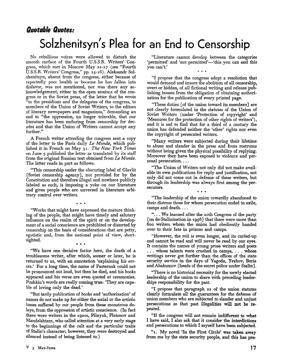 First page of Quotable Quote: Solzhenitsyn's Plea for an End to Censorship
