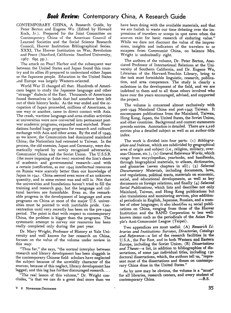 First page of Review: Contemporary China, a Research Guide, By Peter Berton and Eugene Wu