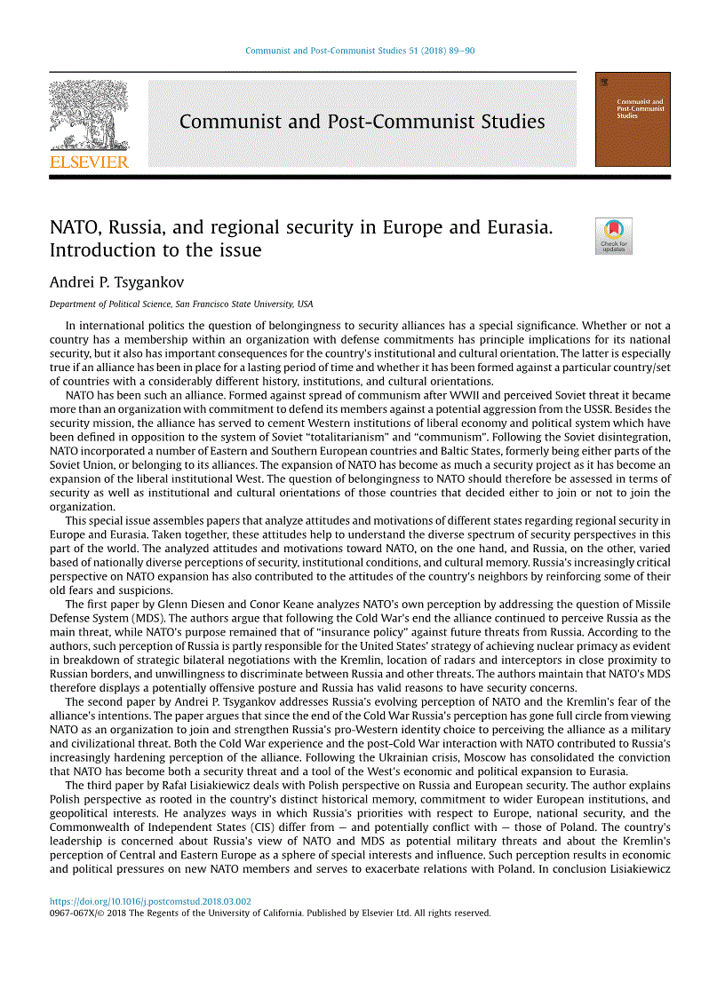 First page of NATO, Russia, and regional security in Europe and Eurasia. Introduction to the issue