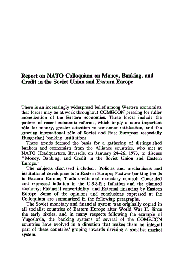 First page of Report on NATO Colloquium on Money, Banking, and Credit in the Soviet Union and Eastern Europe