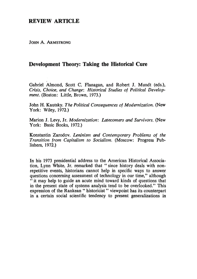 First page of Review: Development Theory: Taking the Historical Cure