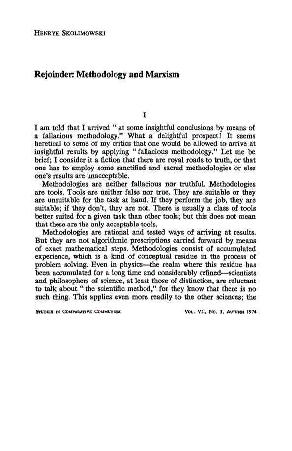 First page of Rejoinder: Methodology and marxism