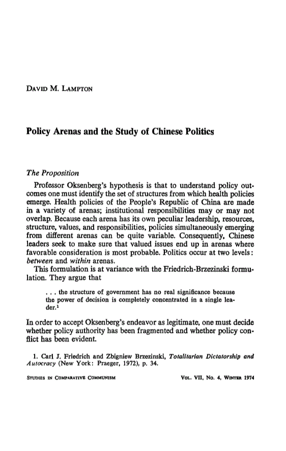 First page of Policy Arenas and the Study of Chinese Politics