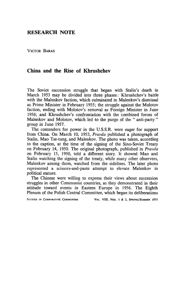 First page of Research Note: China and the Rise of Khrushchev