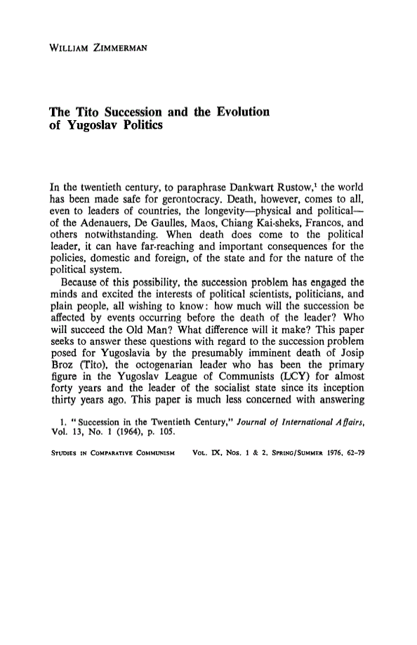 First page of The Tito Succession and the Evolution of Yugoslav Politics