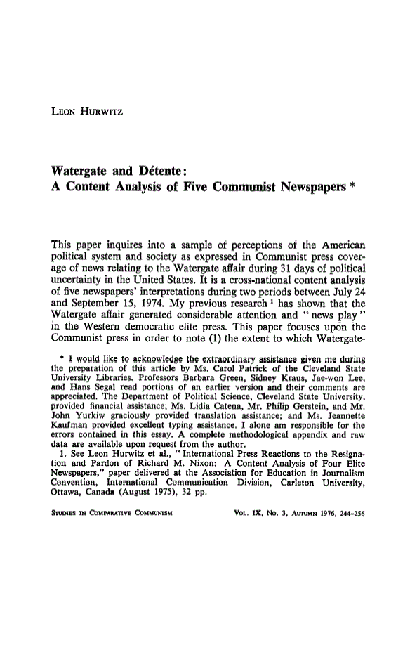 First page of Watergate and Détente: A Content Analysis of Five Communist Newspapers
