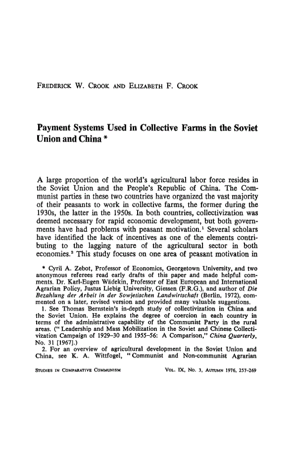 First page of Payment Systems Used in Collective Farms in the Soviet Union and China