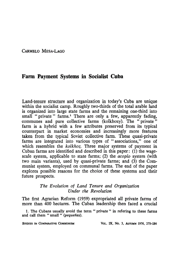 First page of Farm Payment Systems in Socialist Cuba