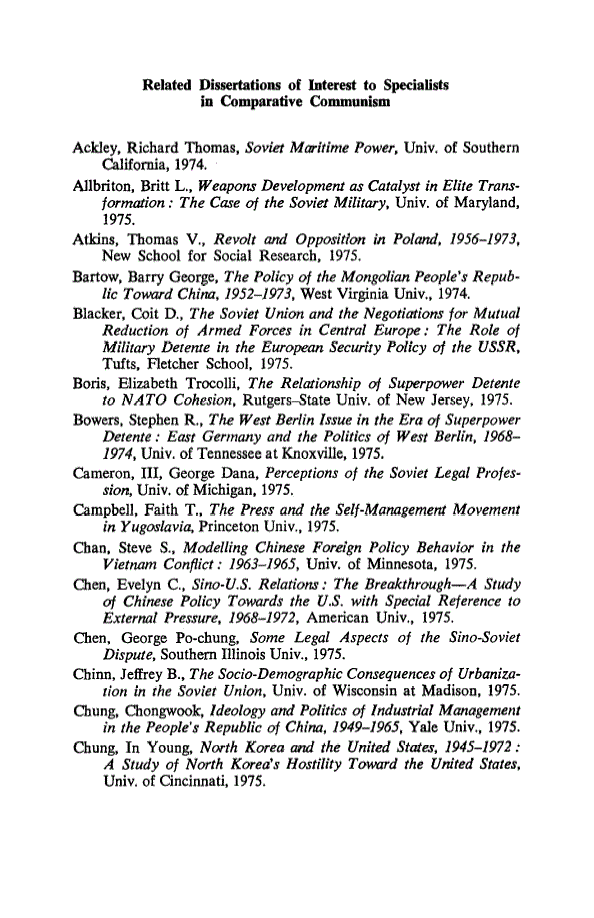 First page of Related Dissertations of Interest to Specialists in Comparative Communism