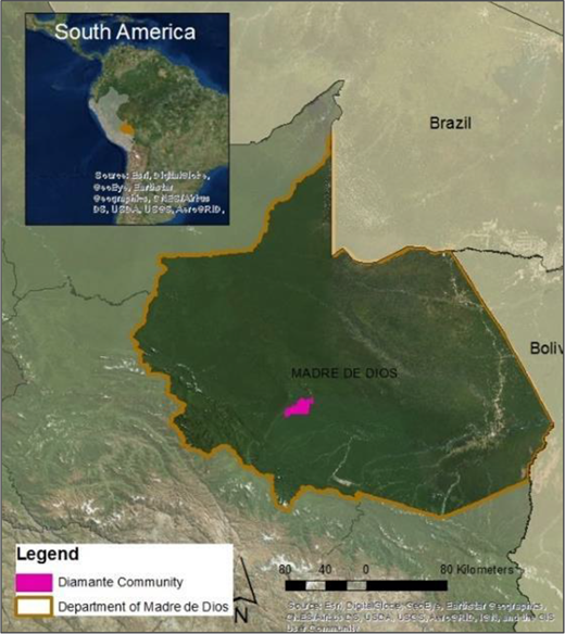 Map of Diamante community, Madre de Dios Peru.