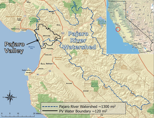 The Pajaro Valley is located on California’s Central Coast, adjacent to Monterey Bay, and the PV Water service area is nested within the larger Pajaro River watershed. Map courtesy of PV Water.