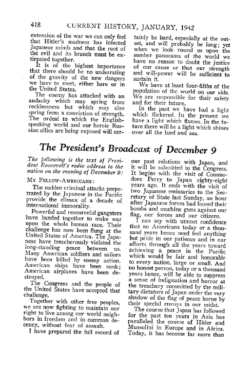 First page of The President’s Broadcast of December 9