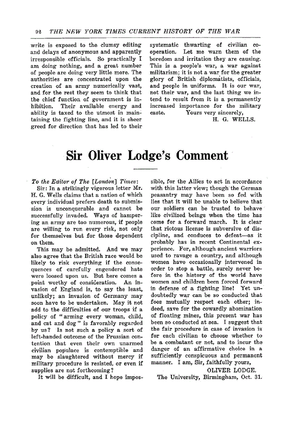 First page of Sir Oliver Lodge’s Comment