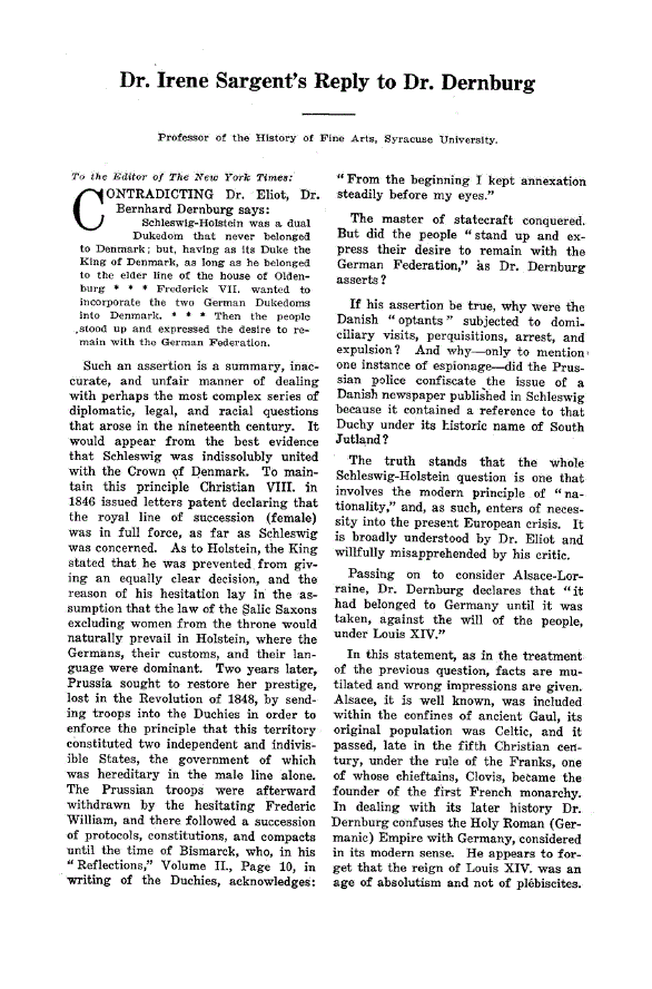 First page of Dr. Irene Sargent’s Reply to Dr. Dernburg