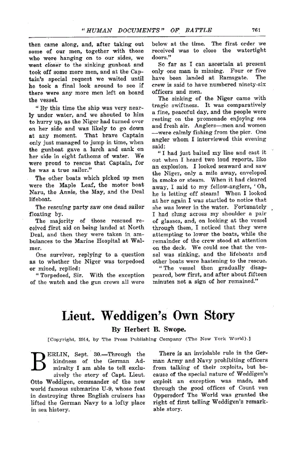 First page of Lieut. Weddigen’s Own Story