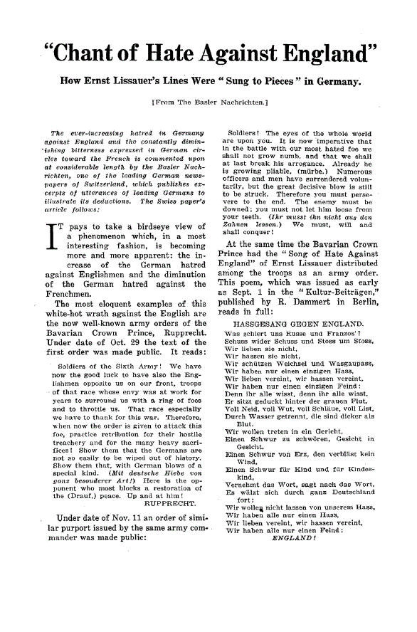 First page of “Chant of Hate Against England”