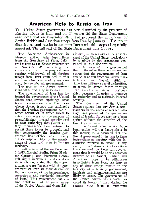First page of American Note to Russia on Iran