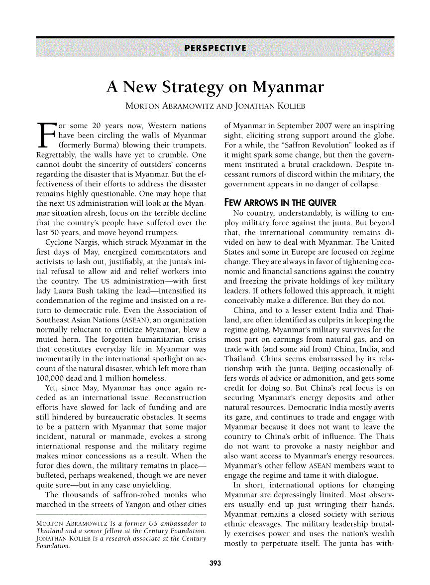 First page of A New Strategy on Myanmar