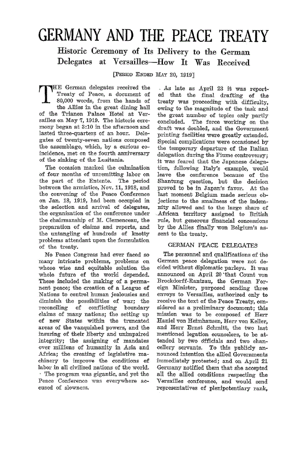 First page of Historic Ceremony of Its Delivery to the German Delegates at Versailles— How It Was Received