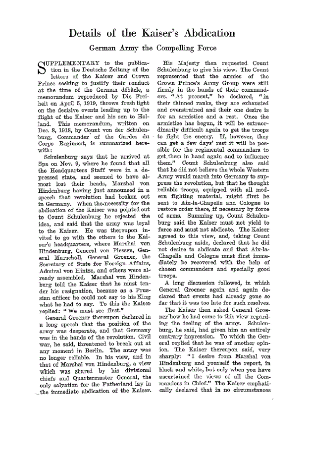 First page of Details of the Kaiser’s Abdication