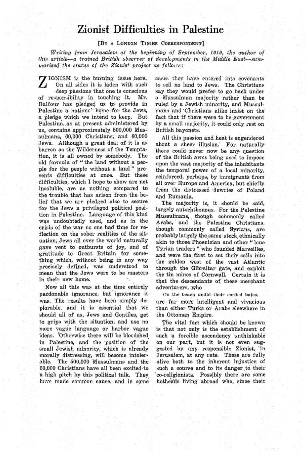 First page of Zionist Difficulties in Palestine