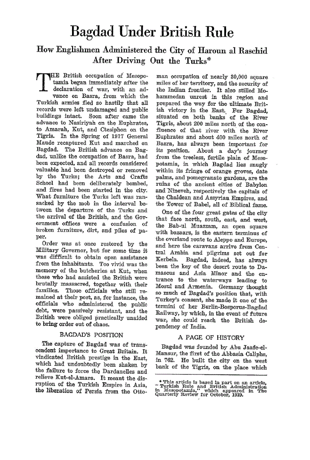 First page of Bagdad Under British Rule<subtitle>How Englishmen Administered the City of Haroun al Raschid After Driving Out the Turks</subtitle>