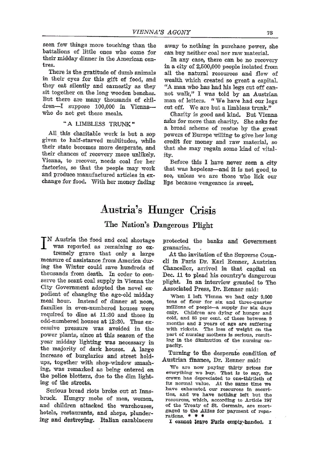 First page of Austria’s Hunger Crisis<subtitle>The Nation’s Dangerous Plight</subtitle>