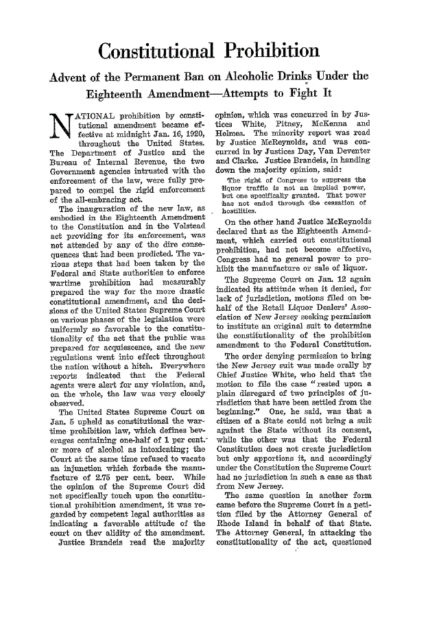 First page of Constitutional Prohibition<subtitle>Advent of the Permanent Ban on Alcoholic Drinks Under the Eighteenth Amendment-Attempts to Fight It</subtitle>