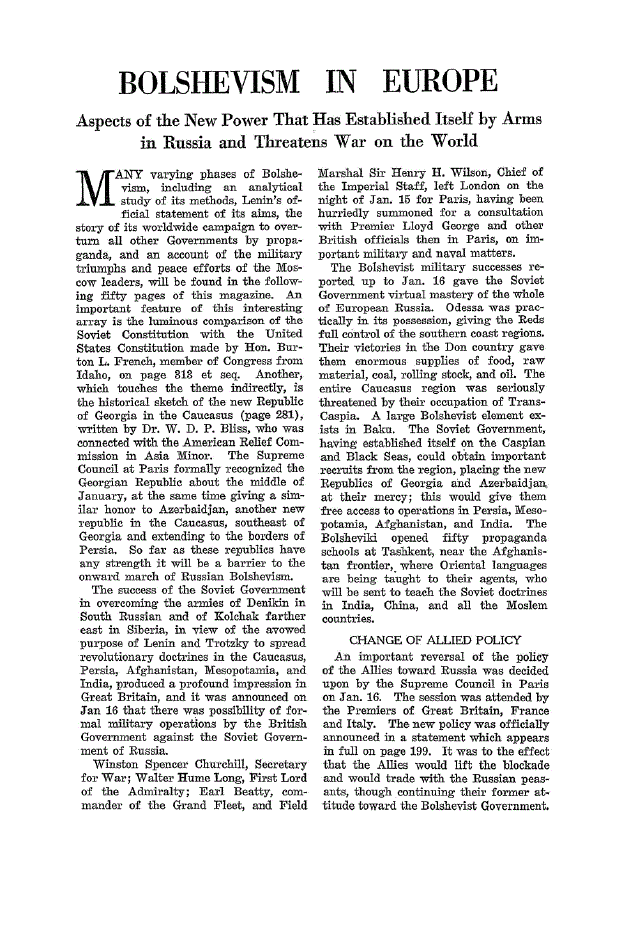 First page of Bolshevism in Europe<subtitle>Aspects of the New Power That Has Established Itself by Arms in Russia and Threatens War on the World</subtitle>