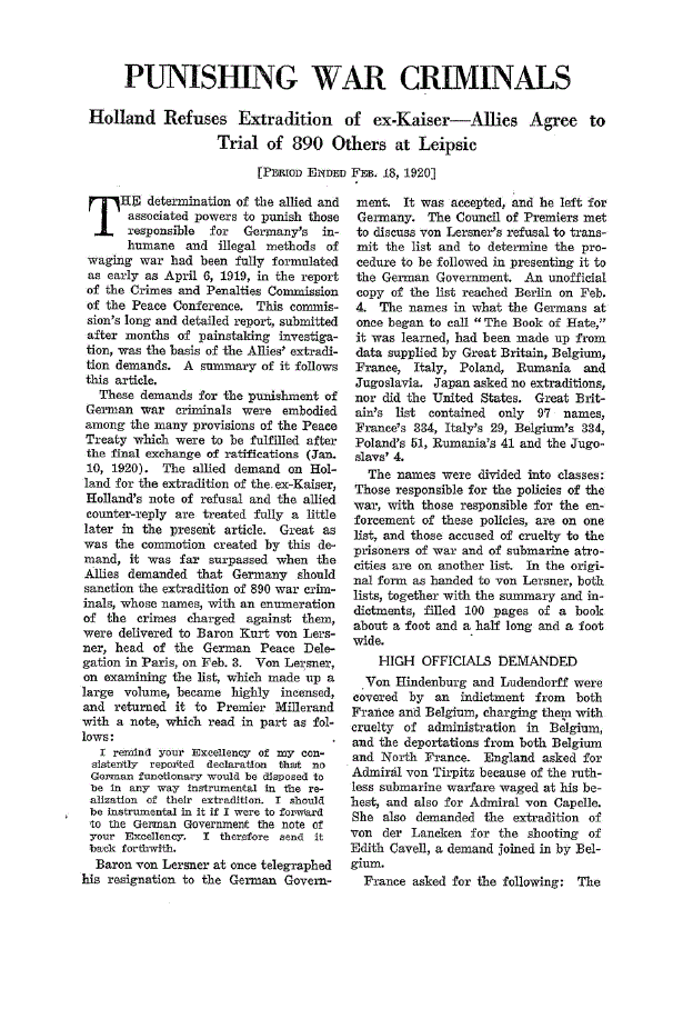 First page of Punishing War Criminals<subtitle>Holland Refuses Extradition of ex-Kaiser— Allies Agree to Trial of 890 Others at Leipsic</subtitle>