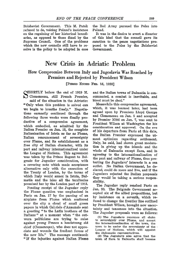 First page of New Crisis in Adriatic Problem<subtitle>How Compromise Between Italy and Jugoslavia Was Reached by Premiers and Rejected by President Wilson</subtitle>